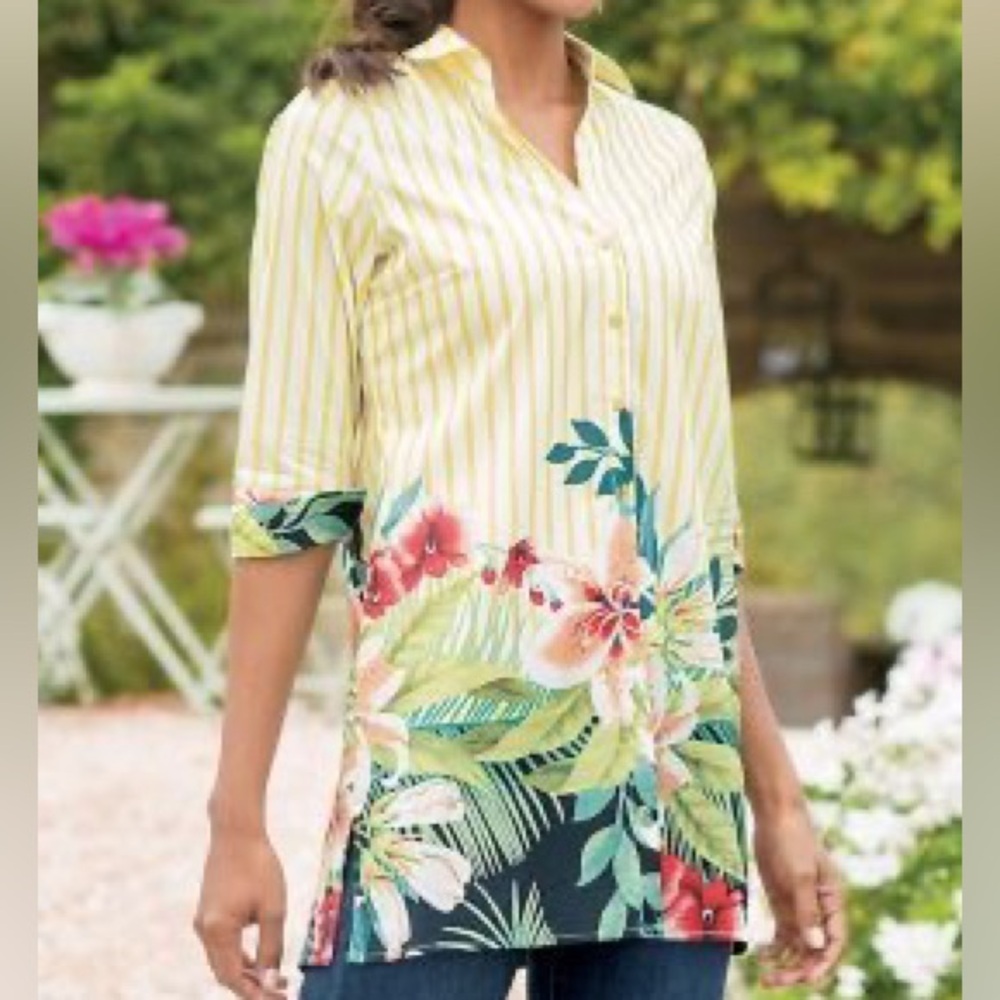 Soft Surroundings Striped Button‎ Down Top Floral Sz XL